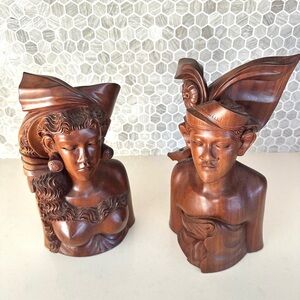Pair of vintage Balinese Carved Wooden Busts